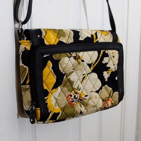 EUC * VERA BRADLEY * BLACK/YELLOW FLORAL HANDBAG * CROSS BODY * ADJUSTABLE STRAP - Picture 5 of 9